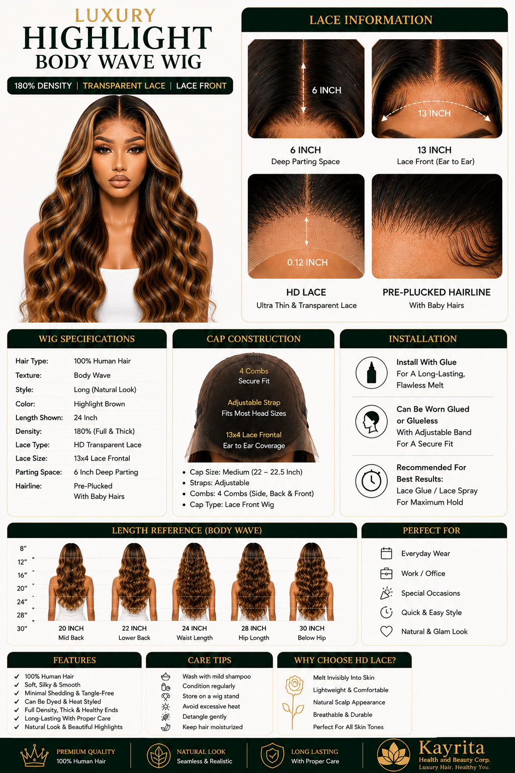 180% Luxury Honey Blonde Highlight Body Wave Lace Front Wig – HD Transparent Lace, Glueless Human Hair Wig