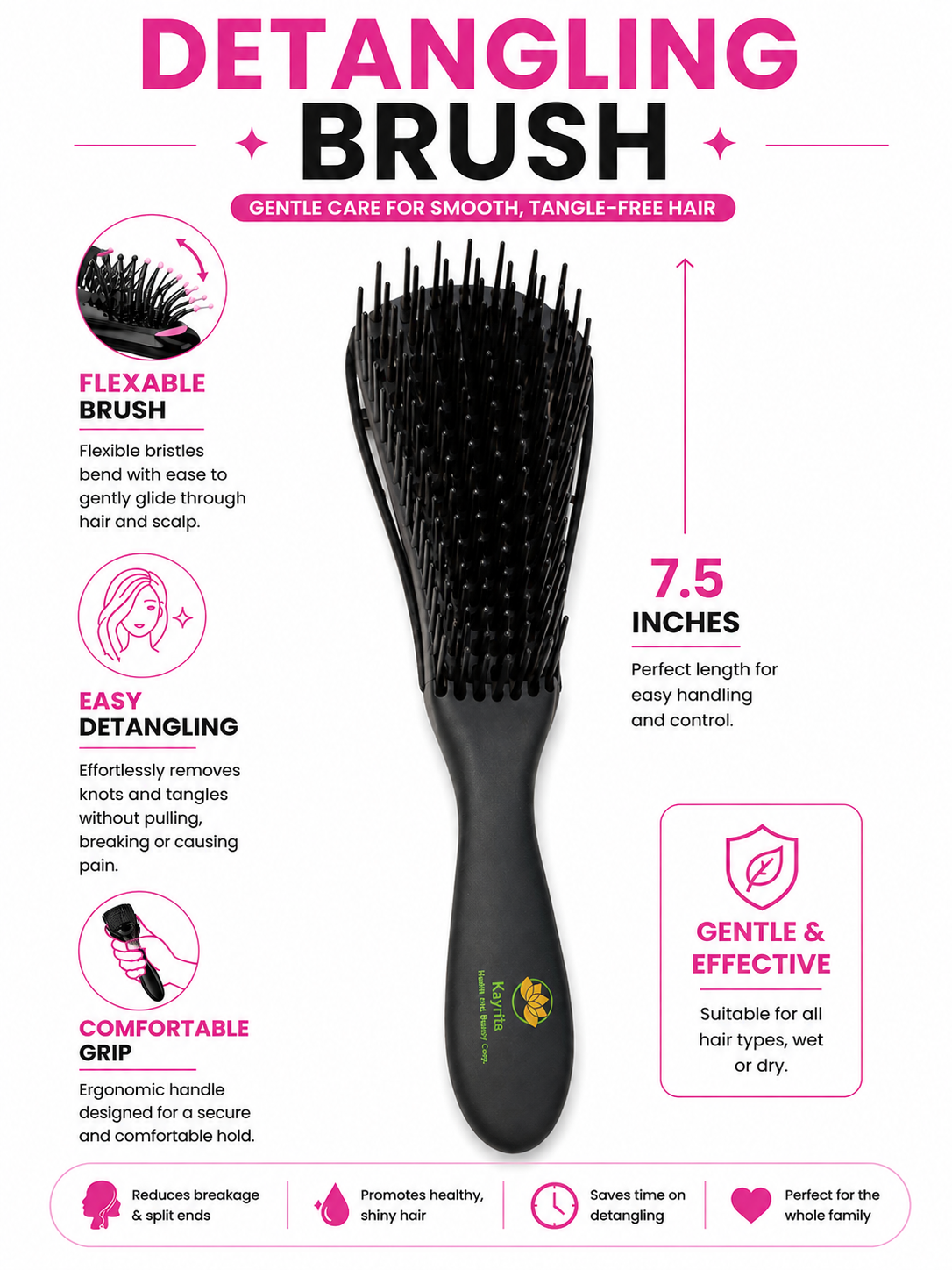 Detangling Hair Brush – Flexible Bristles for Easy, Pain-Free Knot Removal | Kayrita