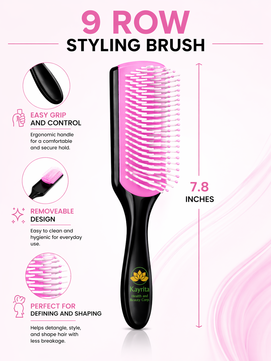9 Row Detangling Hair Brush – Flexible Bristles for Easy, Pain-Free  Row Styling Brush – Detangling & Shaping Hair Brush with Ergonomic Grip | Kayrita