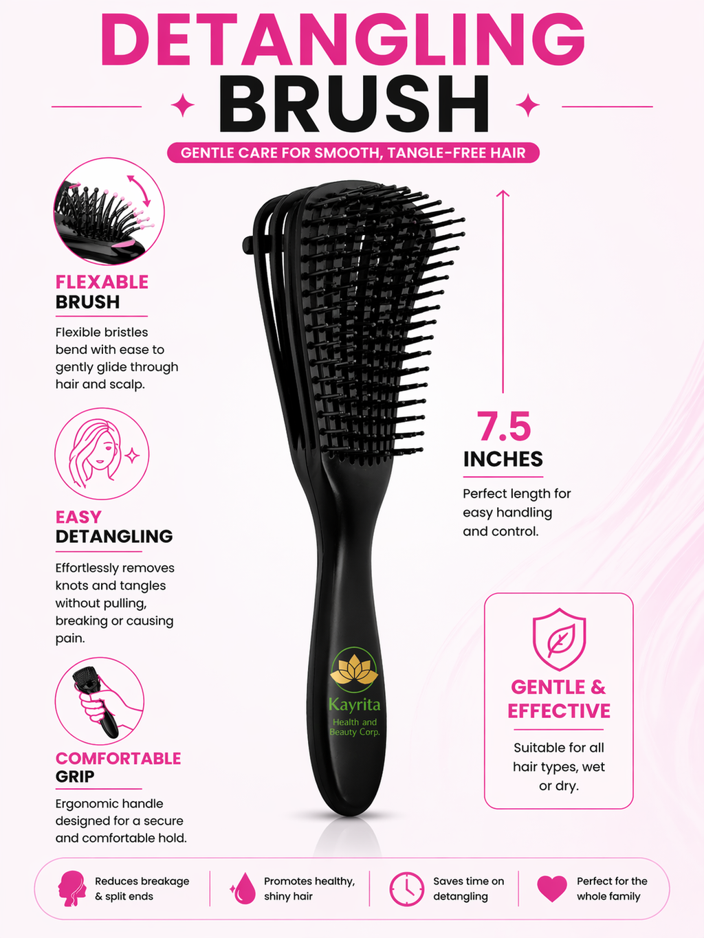Detangling Hair Brush – Flexible Bristles for Easy, Pain-Free Knot Removal | Kayrita