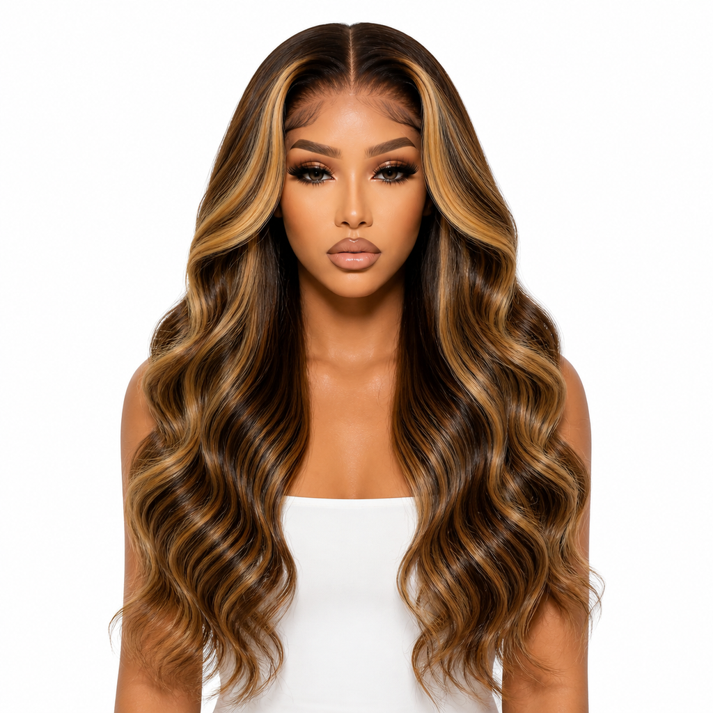 180% Luxury Honey Blonde Highlight Body Wave Lace Front Wig – HD Transparent Lace, Glueless Human Hair Wig