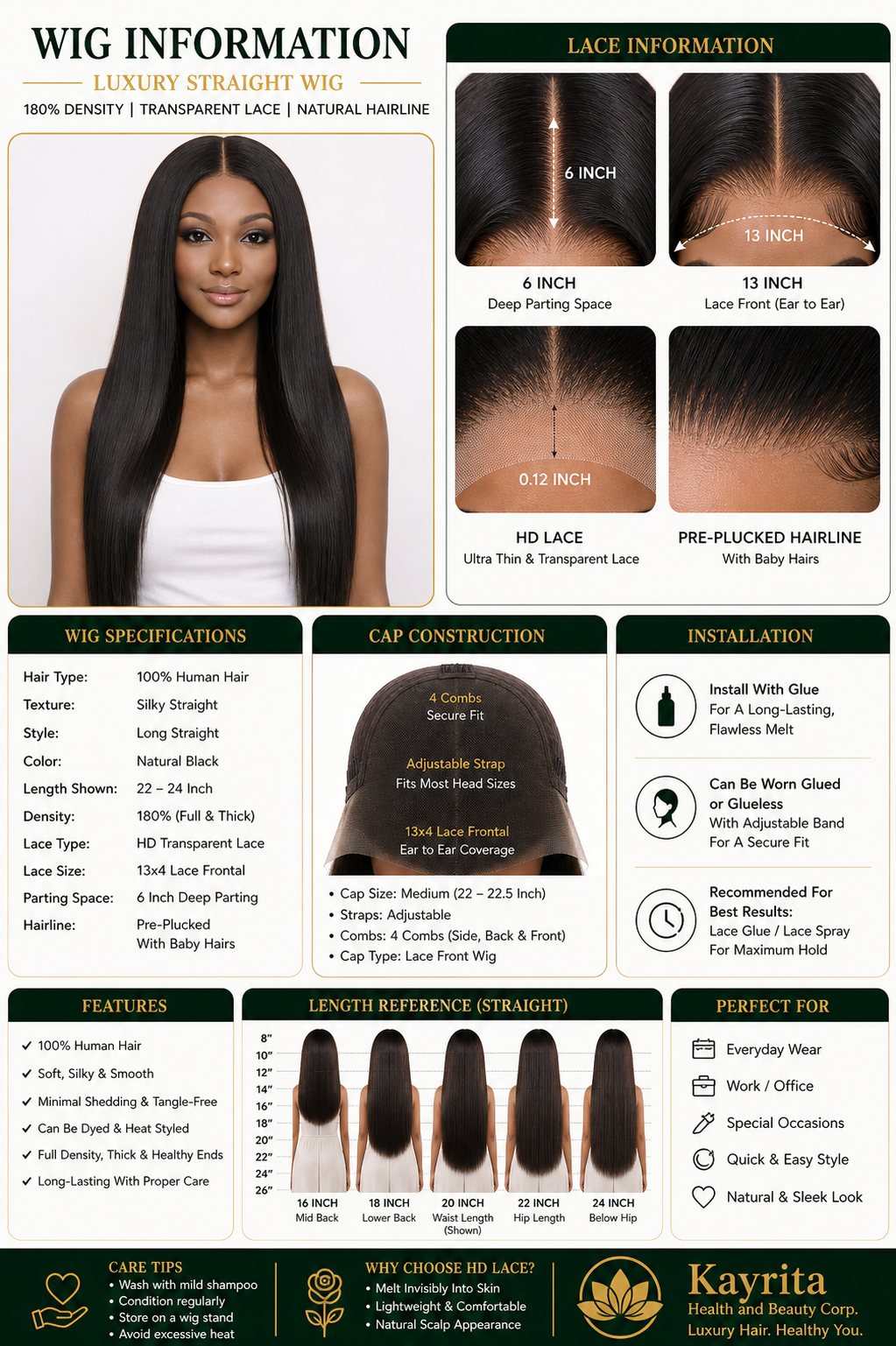 180% Density Straight Transparent Lace Wig – Natural Hairline Human Hair Wig