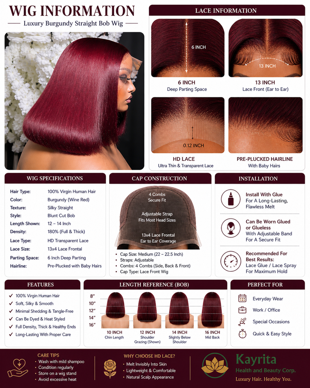 Luxury Burgundy Straight Bob Wig – HD Lace Front Human Hair | Kayrita Beauty