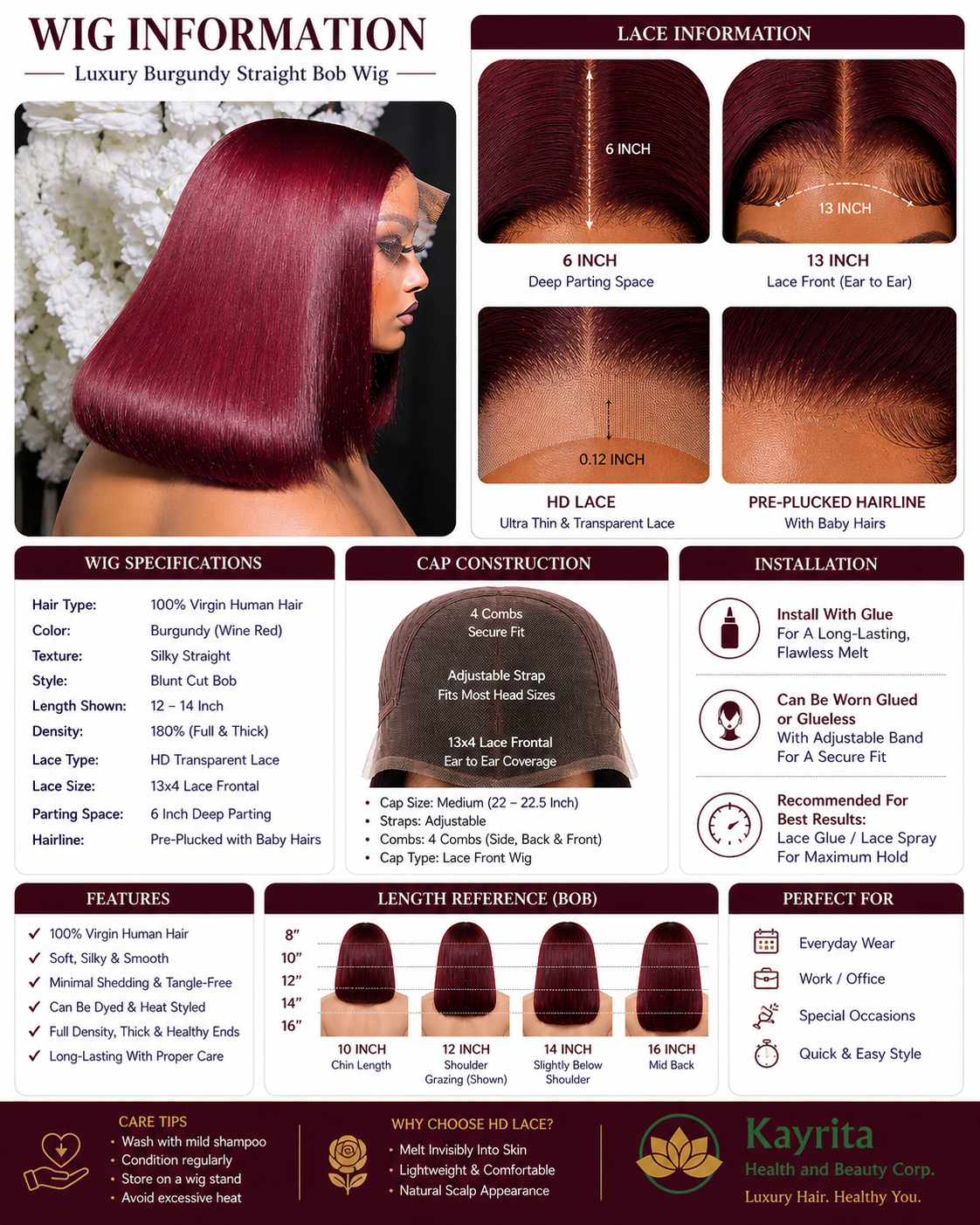Luxury Burgundy Straight Bob Wig – HD Lace Front Human Hair | Kayrita Beauty